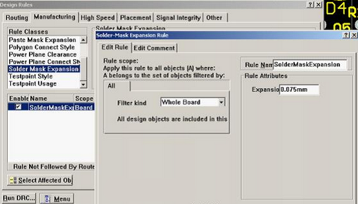 5. 而對于阻焊的調整則可以通過按D、R調出[Manufacturing]制作設計規(guī)則的[Solder-Mask Expansion Rule]設置項直接設定單邊放大值